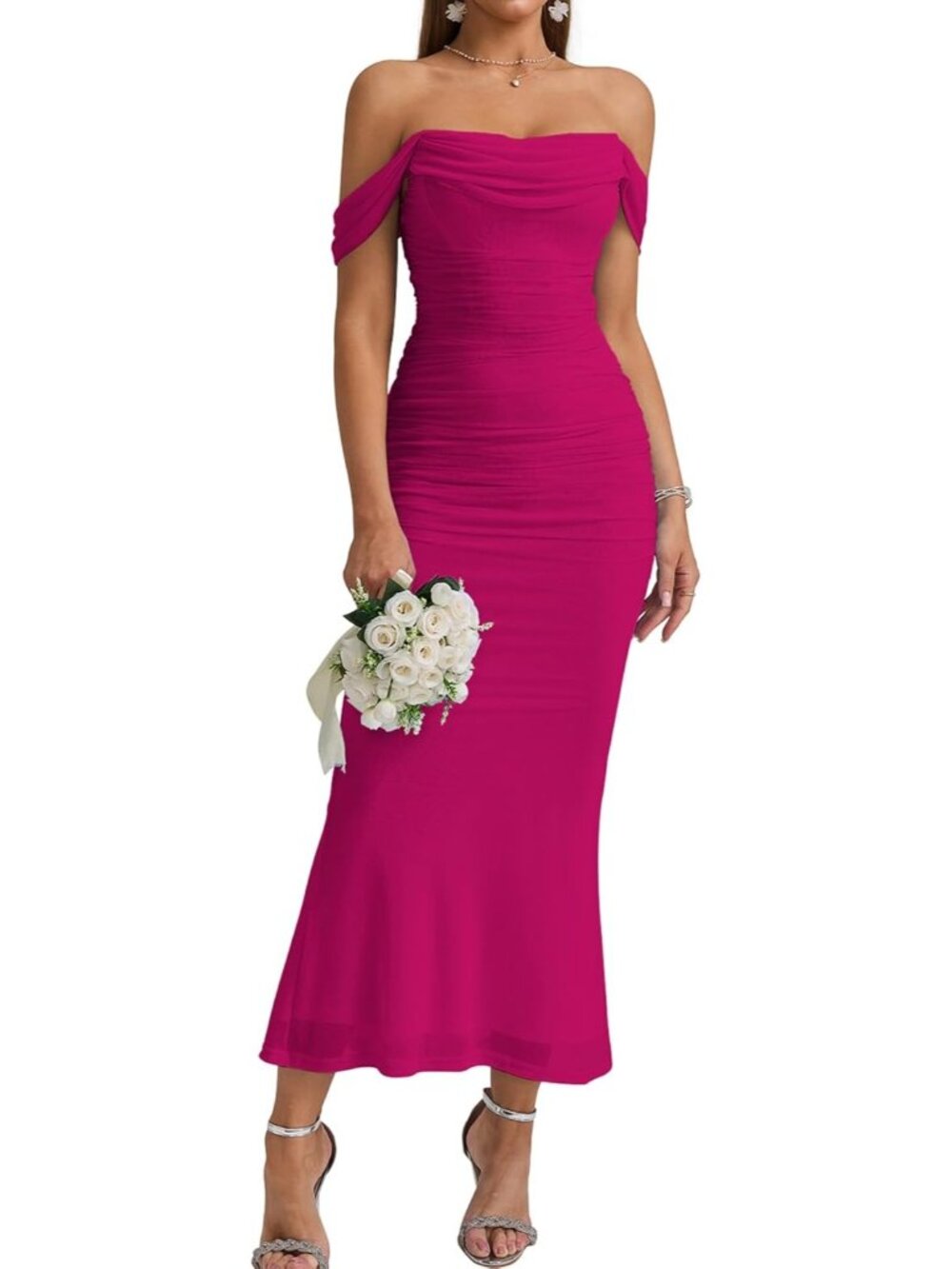 Women's Hot Pink Corset Ruched Off The Shoulder Bodycon Cocktail Maxi Dress